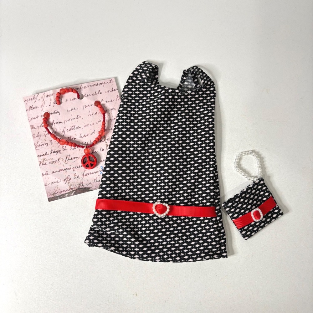 Handmade 14 in Doll Clothes Set Black White Dress Red Peace Necklace Bag 3pc